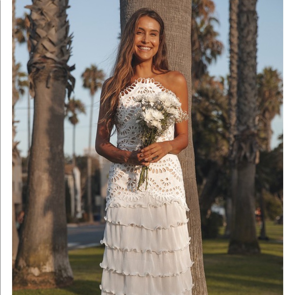 ELLIATT Waltz White Eyelet Lace Tiered Midi Dress revolve
